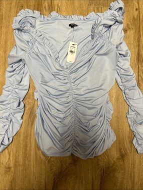 Express Off the Shoulder Light Blue Ruched Long Sleeve Women's Top